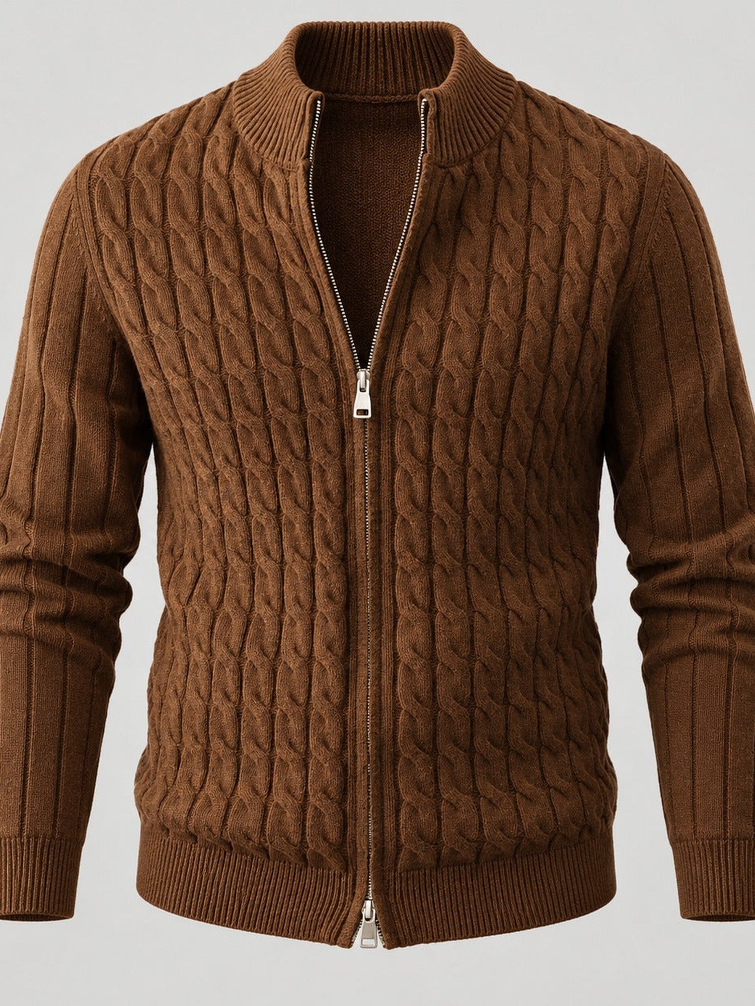 Cable Knit Zip Cardigan, Ribbed Stand Collar – Men – Brown – worn