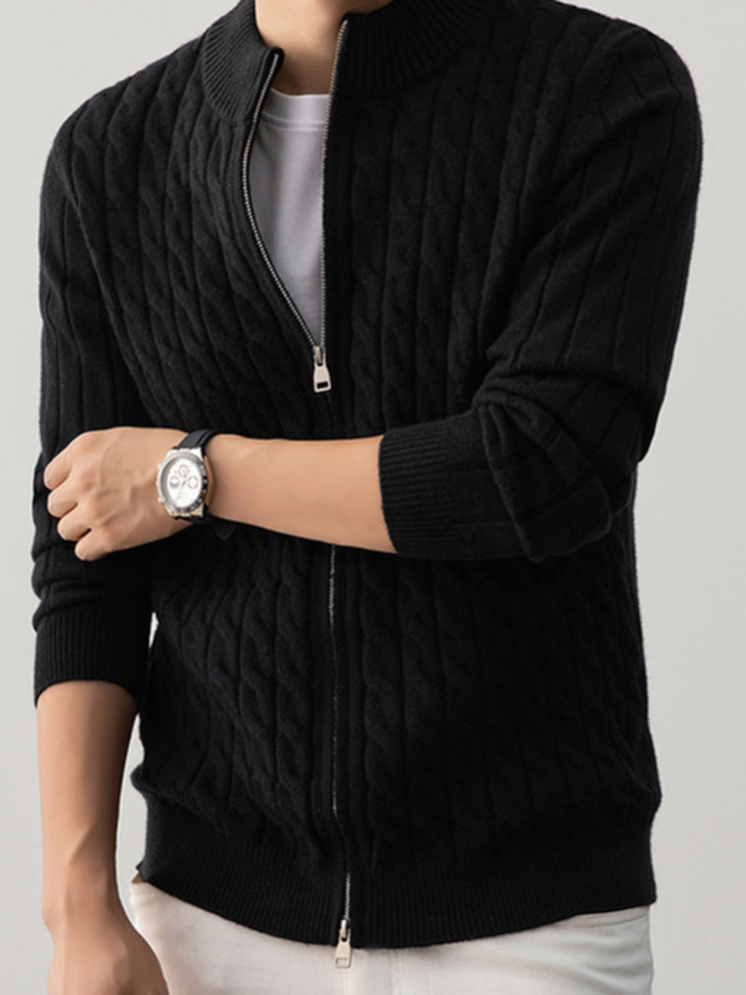 Cable Knit Zip Cardigan, Ribbed Stand Collar – Men – Black – worn
