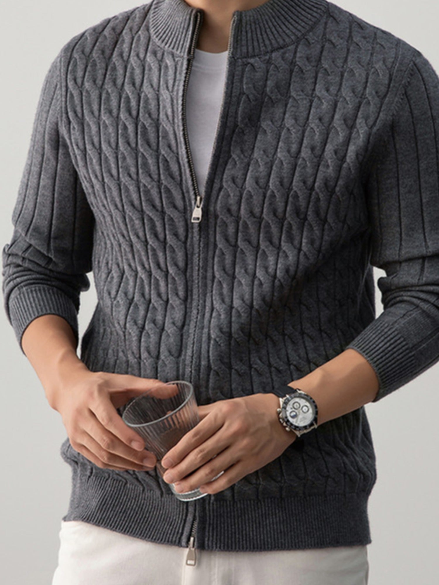 Cable Knit Zip Cardigan, Ribbed Stand Collar – Men – Grey – worn