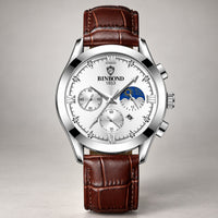 Calendar Chronograph Watch, Luminous Hands – Men – Silver · White Dial · Brown Leather – front