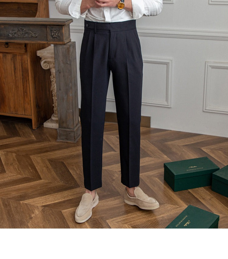 High-Waist Cropped Pleated Trousers, Button Tab – Men – Navy – worn, front