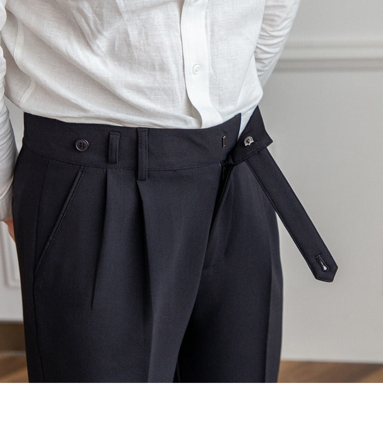 High-Waist Cropped Pleated Trousers, Button Tab – Men – Navy – waist tab open