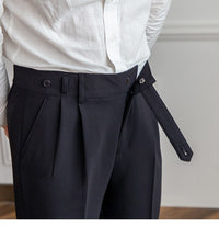 High-Waist Cropped Pleated Trousers, Button Tab – Men – Navy – waist tab open