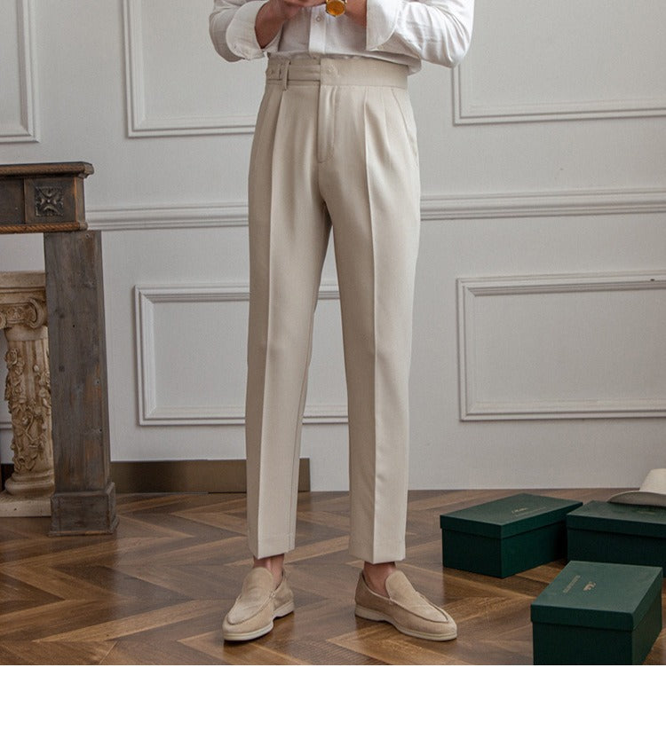 High-Waist Cropped Pleated Trousers, Button Tab – Men – Stone – worn, front