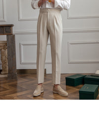 High-Waist Cropped Pleated Trousers, Button Tab – Men – Stone – worn, front