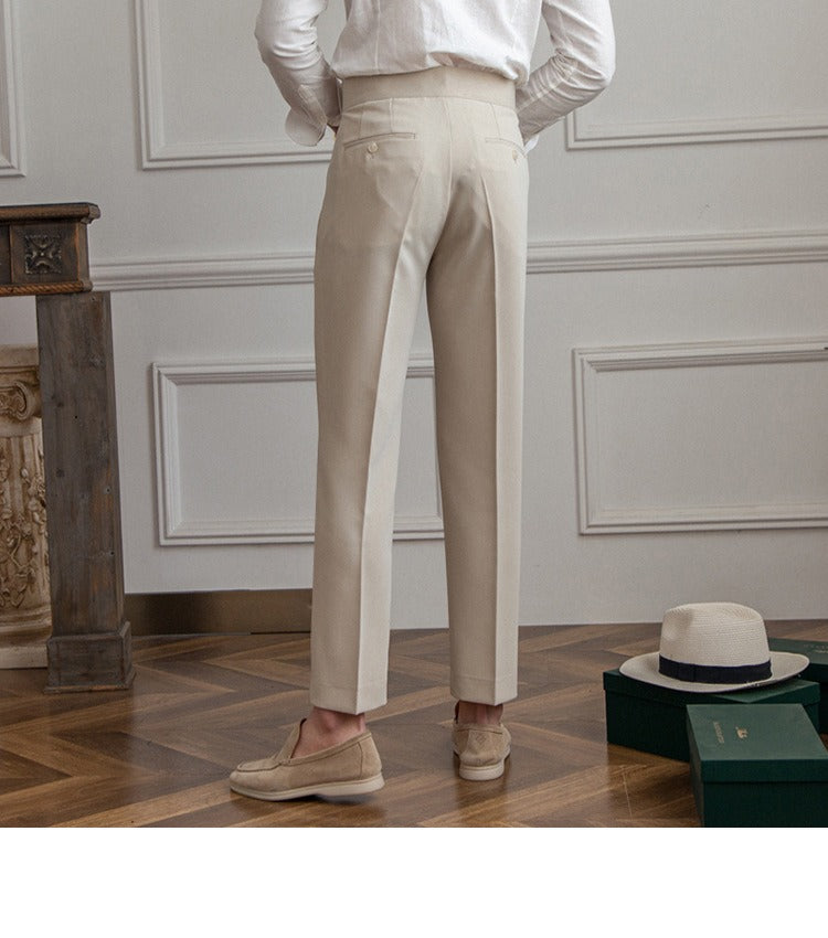 High-Waist Cropped Pleated Trousers, Button Tab – Men – Stone – worn, back