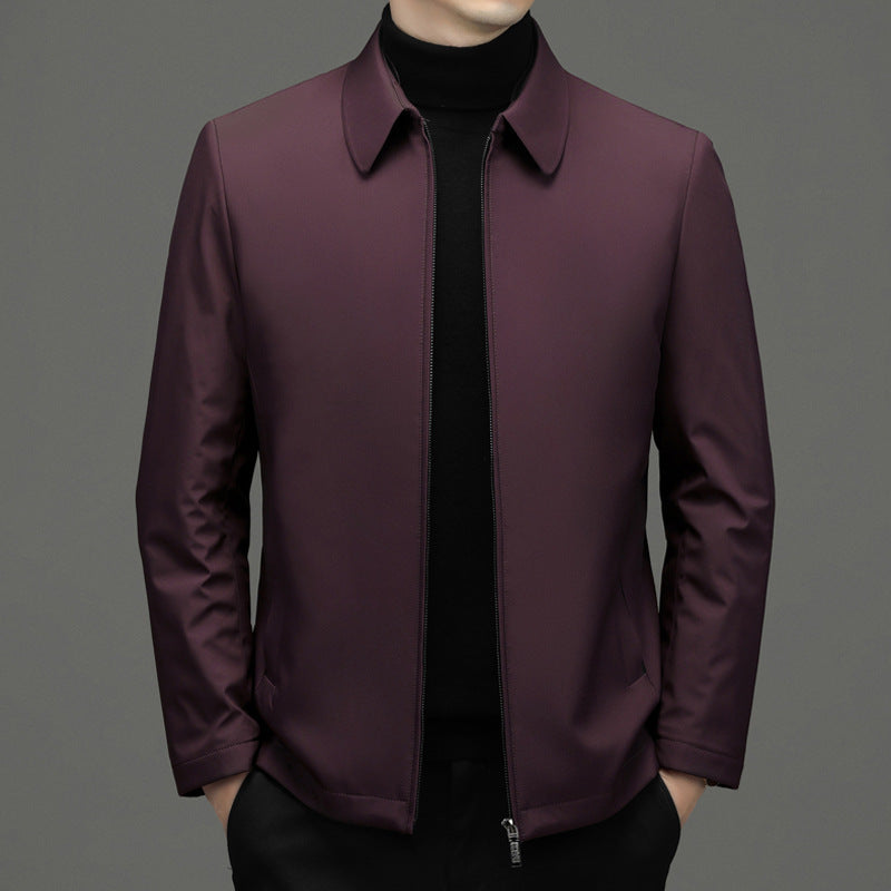 Duck Down Zip Jacket, Point Collar – Men – Burgundy – worn, front