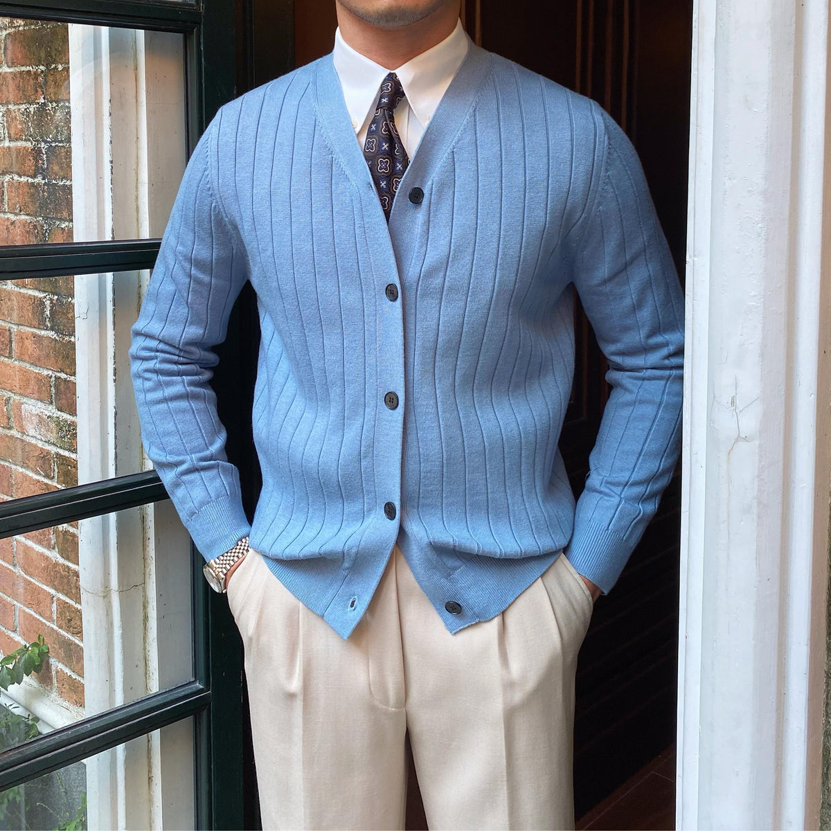 Wide-Rib V-Neck Button Cardigan – Men – Light Blue – worn