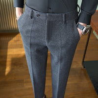 Brushed Wool-Look Slim Trousers, Ankle Length – Men – Charcoal – waist detail