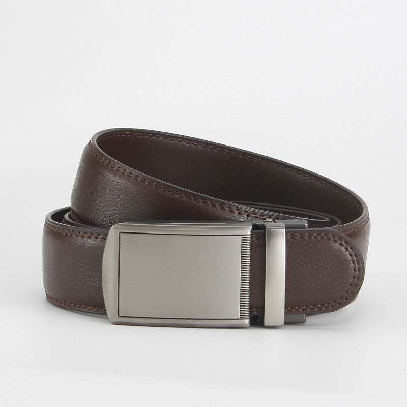 Leather Ratchet Belt, Slim Buckle – Men – Brown · Silver Plate Buckle – front