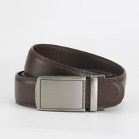 Leather Ratchet Belt, Slim Buckle – Men – Brown · Silver Plate Buckle – front