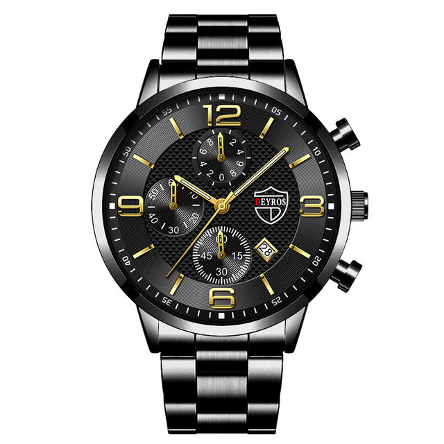 Stainless Steel Chronograph Watch – Men – Black · Black Dial · Gold Hands – front