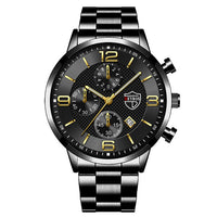 Stainless Steel Chronograph Watch – Men – Black · Black Dial · Gold Hands – front