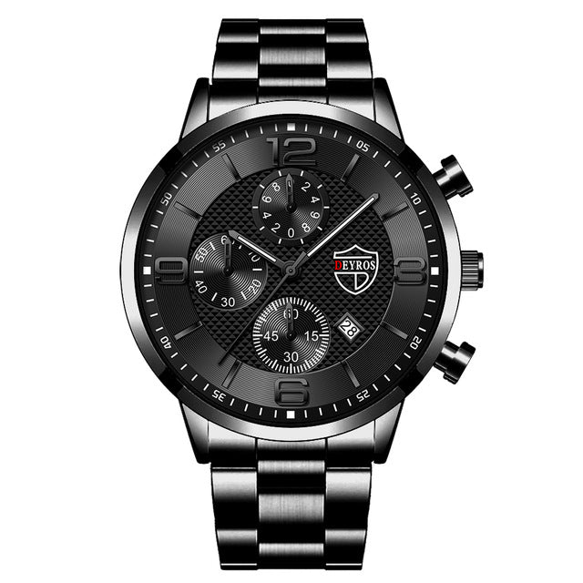 Stainless Steel Chronograph Watch – Men – Black · Black Dial · Steel Bracelet – front