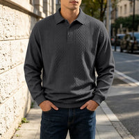 Diamond Jacquard Knit Polo, Long Sleeve – Men – Charcoal – worn
