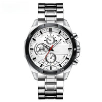 Sport Chronograph Watch, Leather or Steel – Men – Silver · White Dial · Steel Bracelet – front