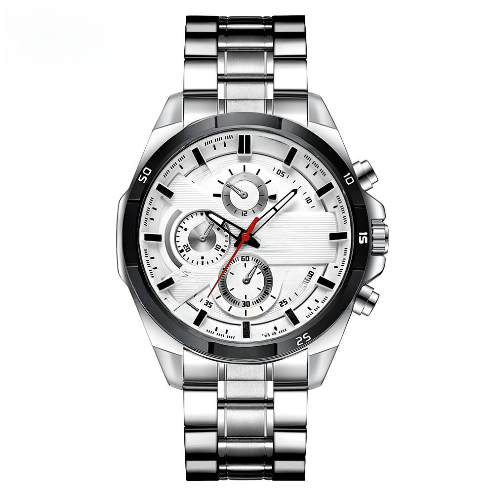 Sport Chronograph Watch, Leather or Steel – Men – Silver · White Dial · Steel Bracelet – front