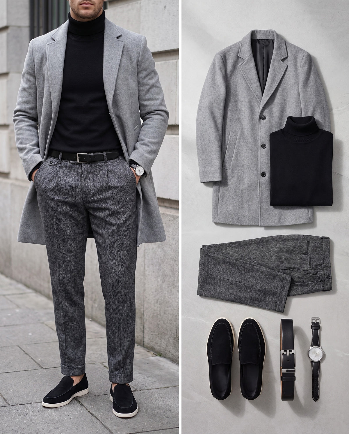 Charcoal Wool – the complete Look worn, and its 6 pieces laid flat