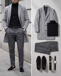 Charcoal Wool – the complete Look worn, and its 6 pieces laid flat