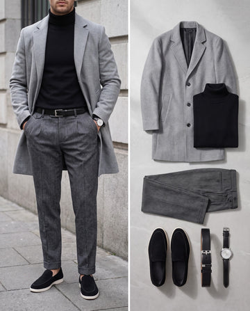Charcoal Wool – the complete Look worn, and its 6 pieces laid flat