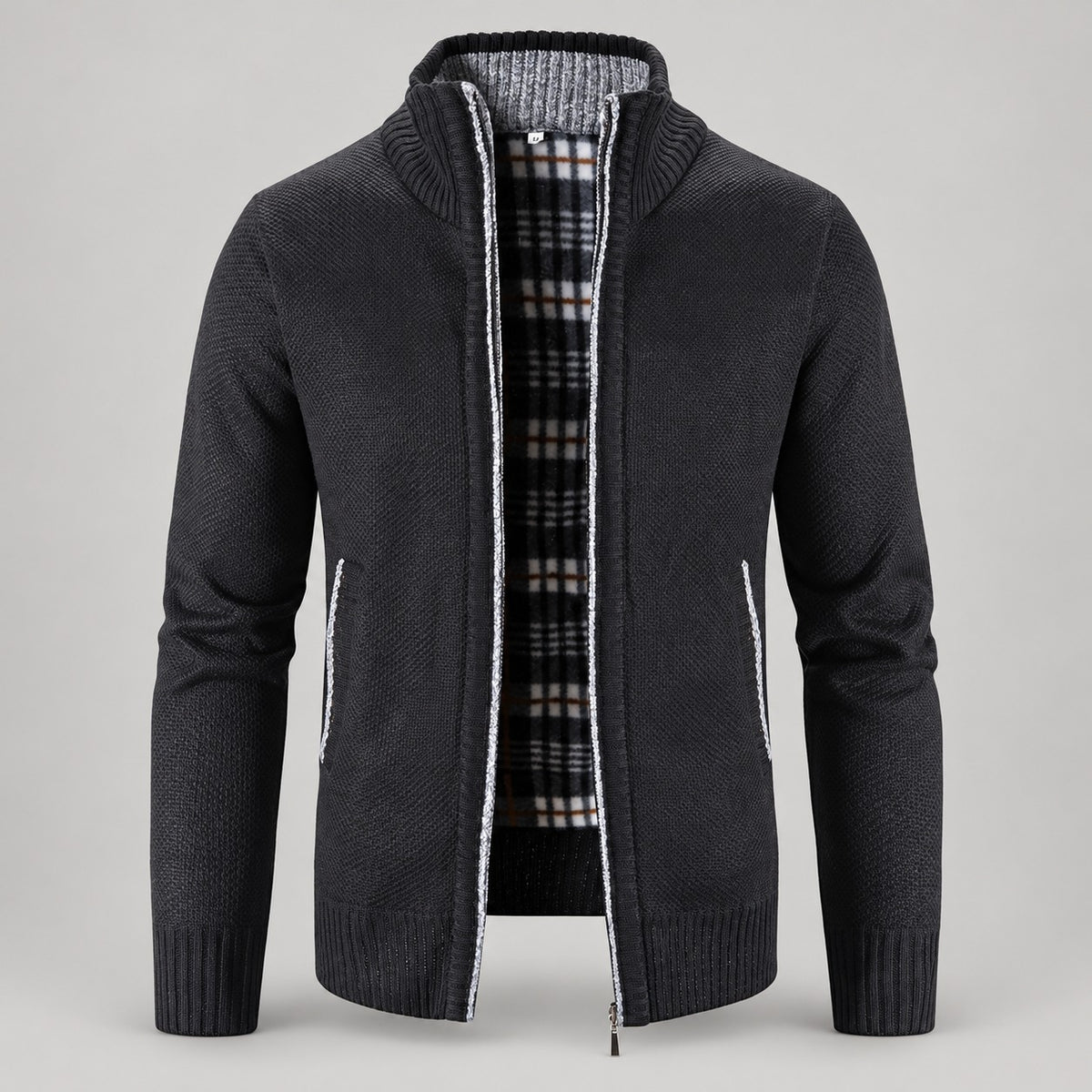 Check-Lined Marled Knit Zip Cardigan – Men – Black – front
