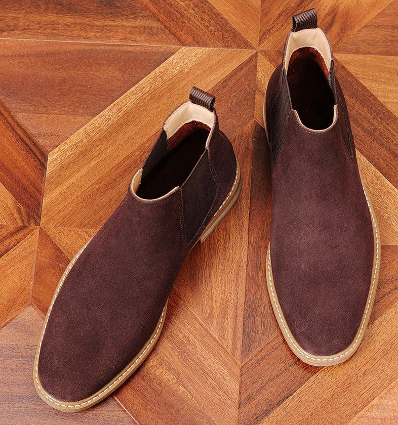 Suede Chelsea Boots, Cowhide – Men – Chocolate – pair, top
