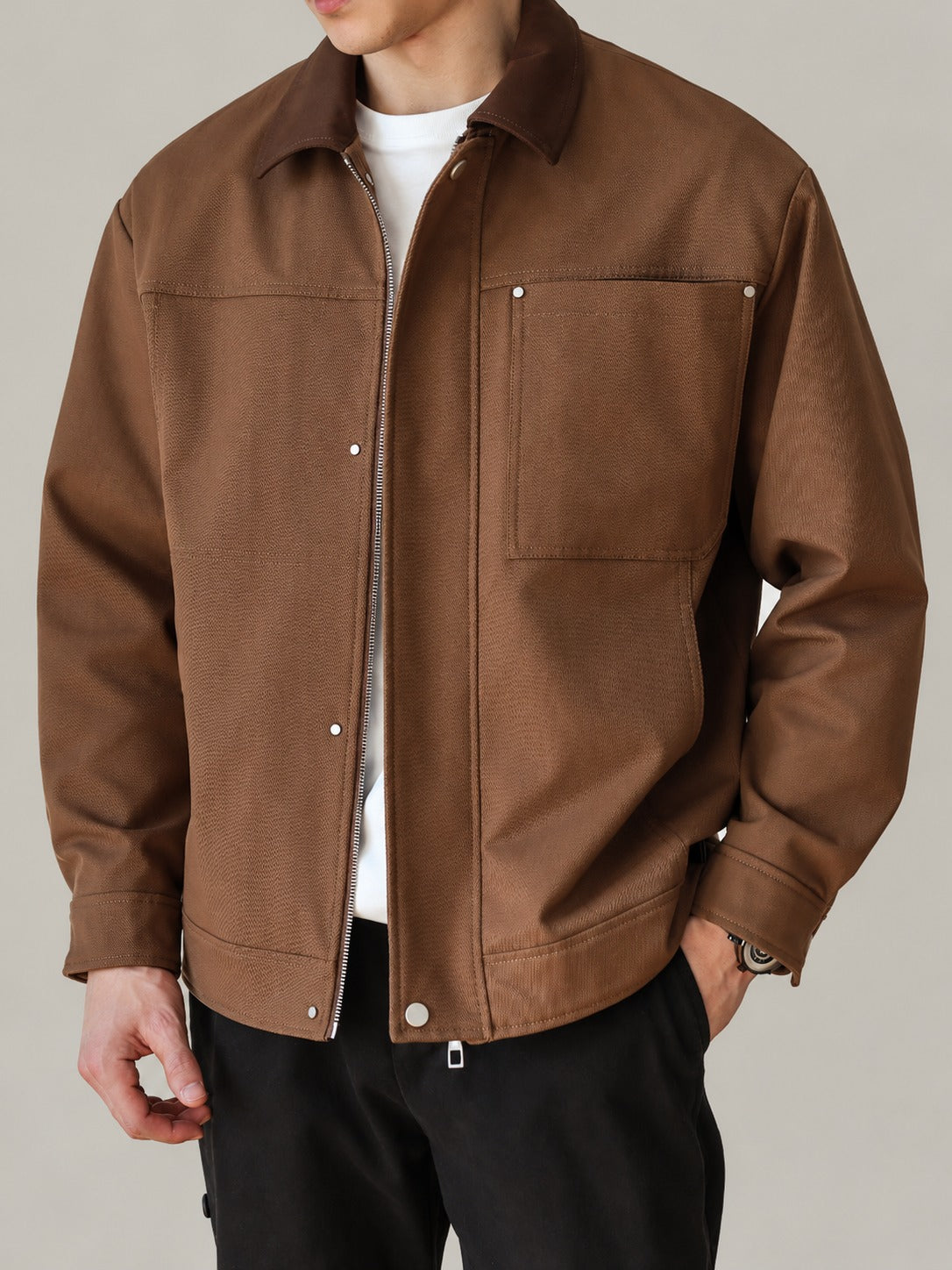Chore Jacket with Contrast Collar – Men – Brown – worn