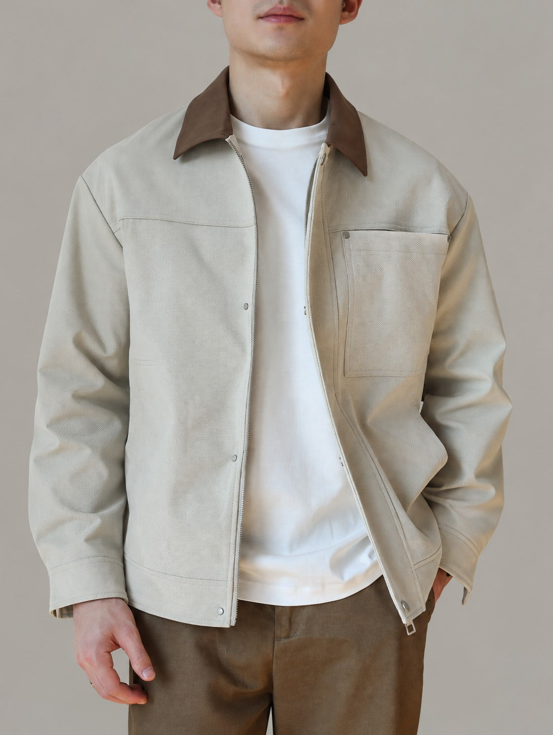 Chore Jacket with Contrast Collar – Men – Stone – front