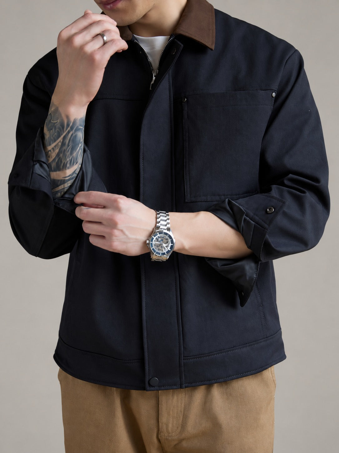 Chore Jacket with Contrast Collar – Men – Navy – worn