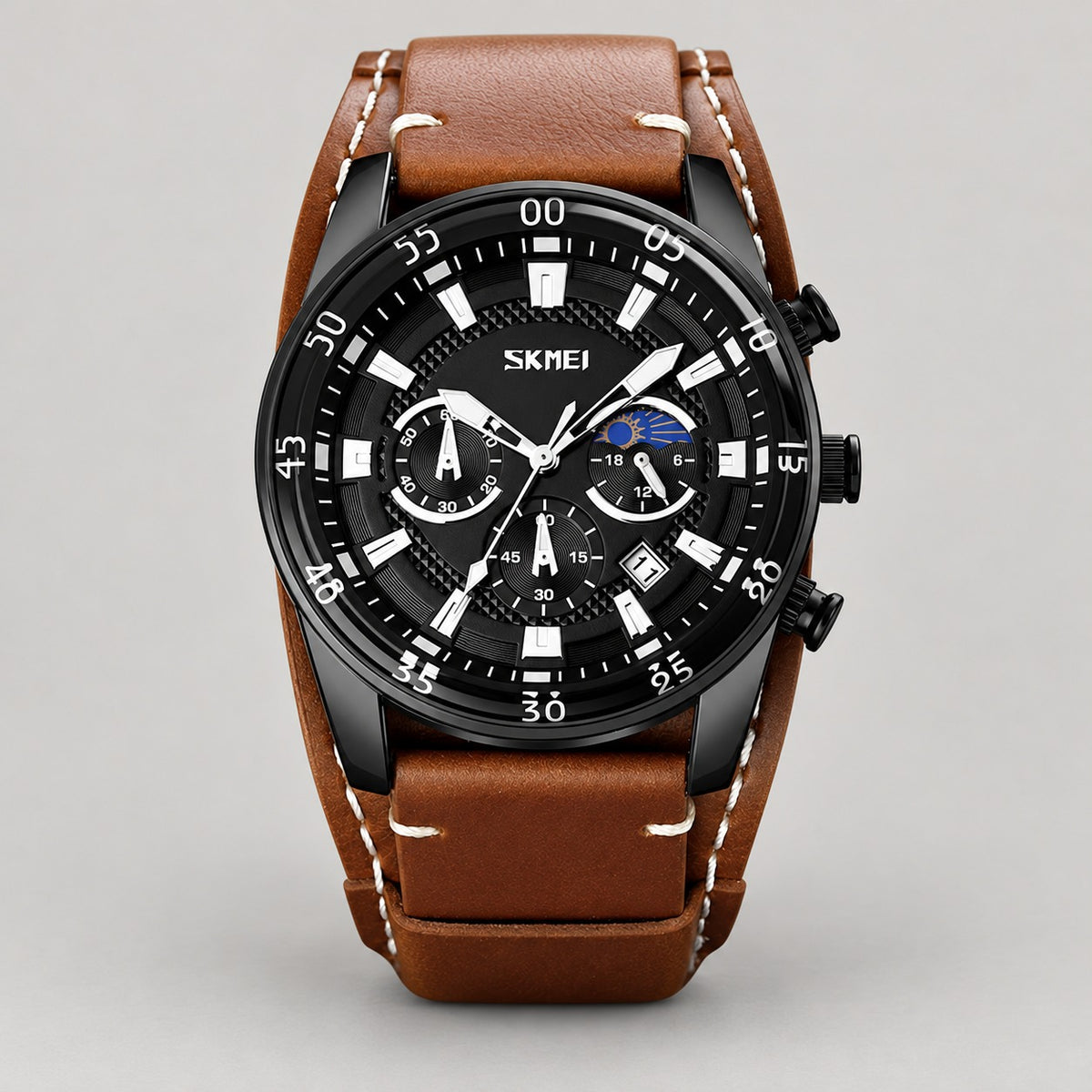 Chronograph Watch with Leather Cuff Strap – Men – Black · Black Dial · Brown Cuff – front