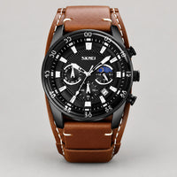 Chronograph Watch with Leather Cuff Strap – Men – Black · Black Dial · Brown Cuff – front