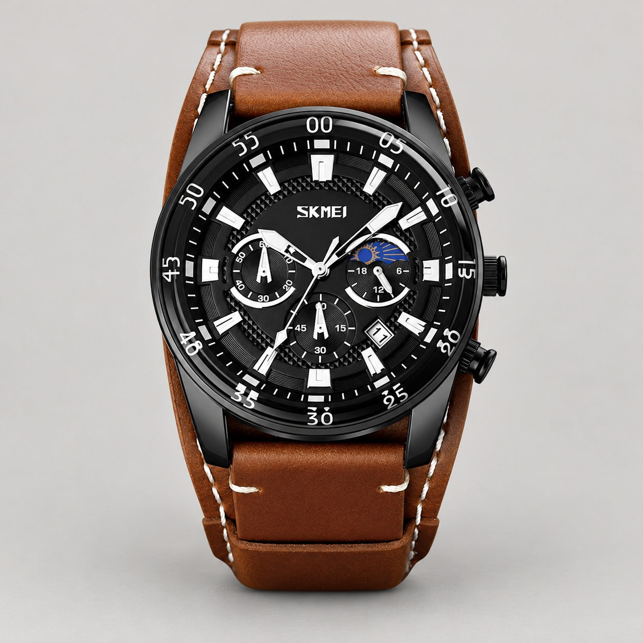 Chronograph Watch with Leather Cuff Strap – Men – Black · Black Dial · Brown Cuff – front