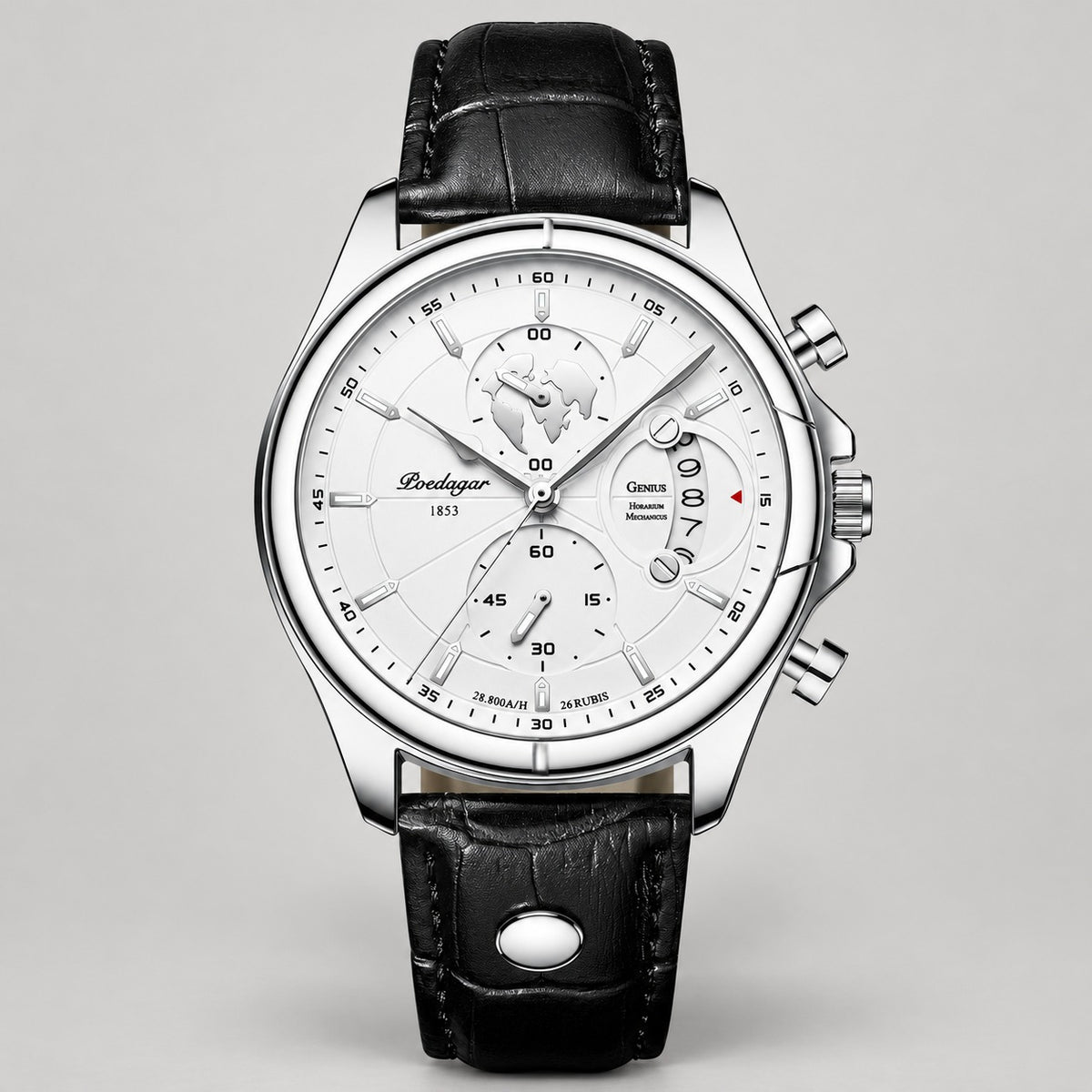 Chronograph Watch, Sapphire Glass, Leather or Steel – Men – Silver · White Dial · Black Leather – front