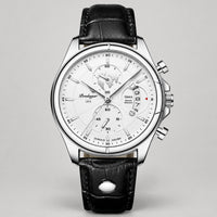 Chronograph Watch, Sapphire Glass, Leather or Steel – Men – Silver · White Dial · Black Leather – front