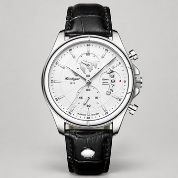 Chronograph Watch, Sapphire Glass, Leather or Steel – Men – Silver · White Dial · Black Leather – front