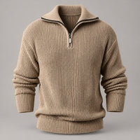 Chunky Rib Half-Zip Sweater, Fold-Down Collar – Men – Camel – worn