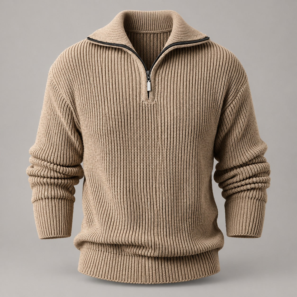 Chunky Rib Half-Zip Sweater, Fold-Down Collar – Men – Camel – worn