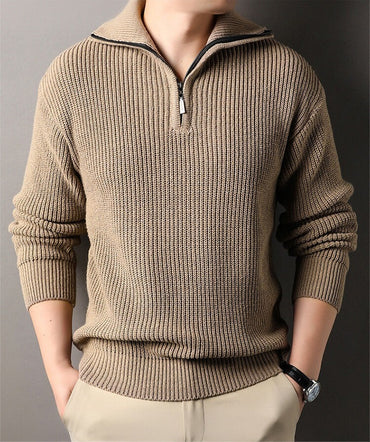 Chunky Rib Half-Zip Sweater, Fold-Down Collar – Men – Camel – worn, front