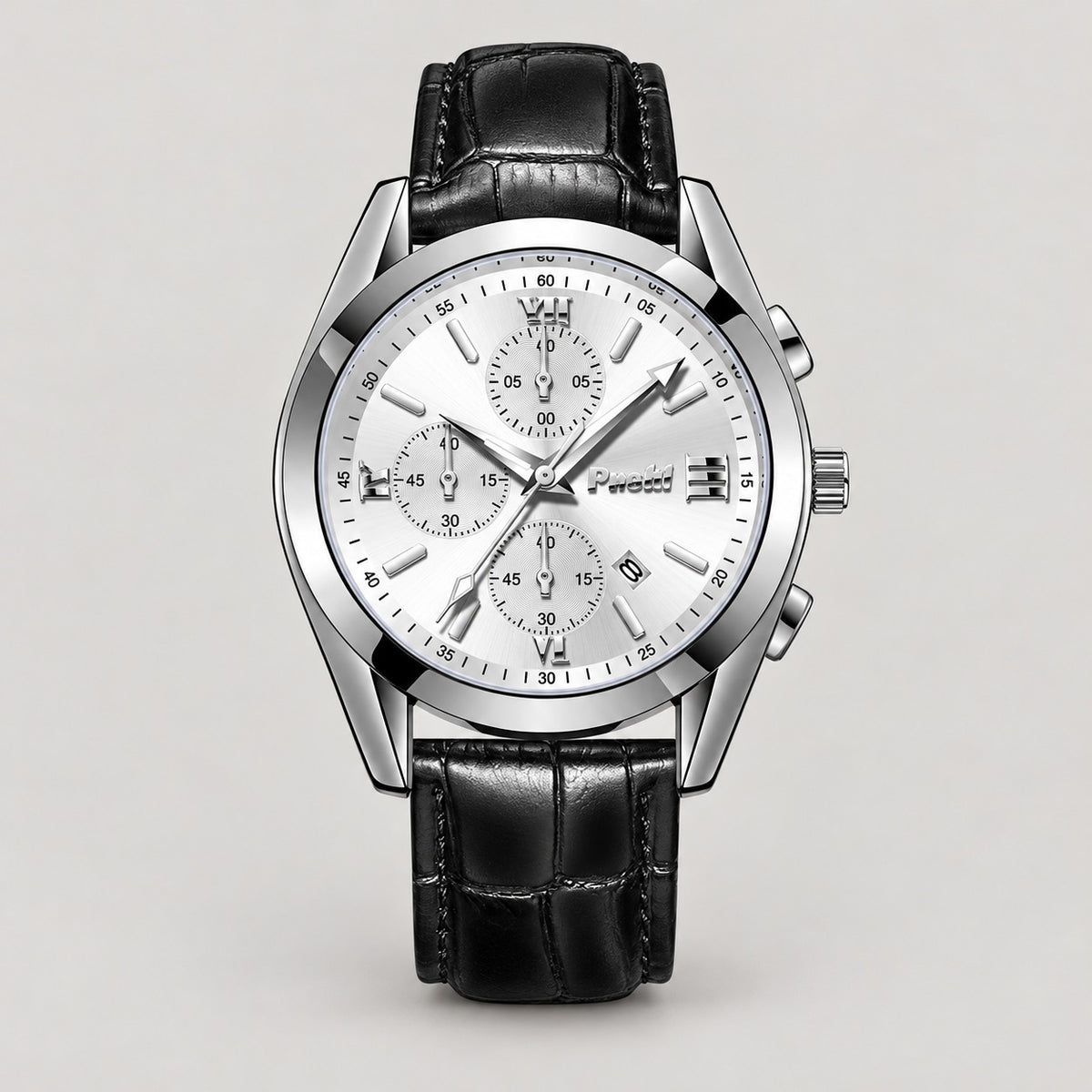 Classic Chronograph Watch, Leather Strap – Men – Silver · Silver Dial · Black Leather – front