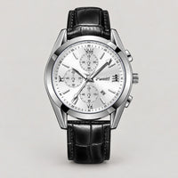 Classic Chronograph Watch, Leather Strap – Men – Silver · Silver Dial · Black Leather – front
