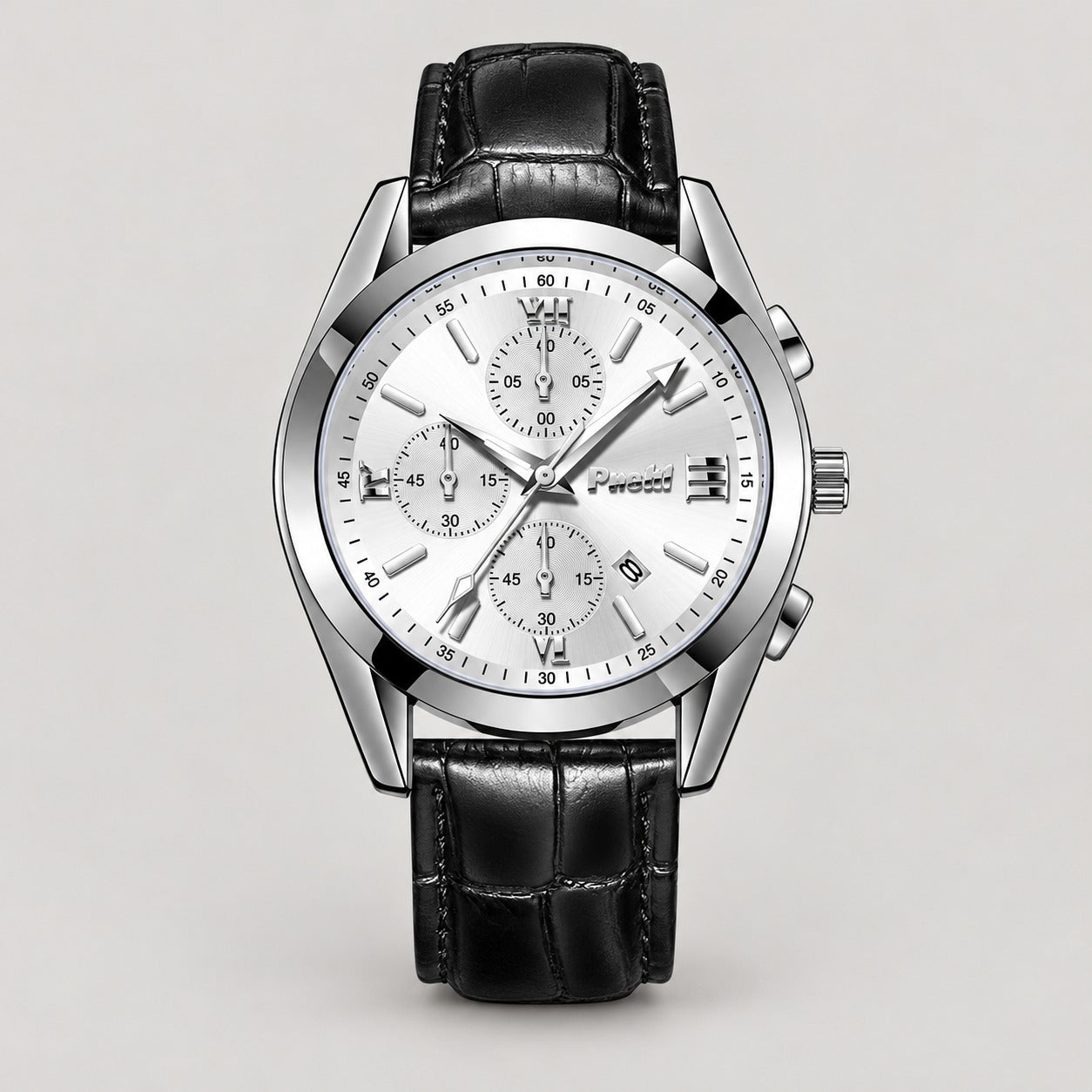 Classic Chronograph Watch, Leather Strap – Men – Silver · Silver Dial · Black Leather – front