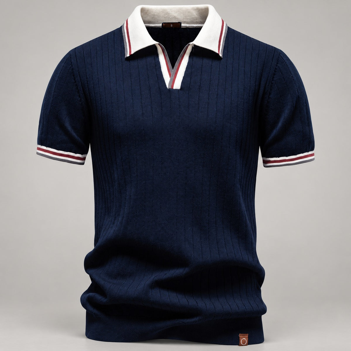 100% Cotton Ribbed Knit Polo, Open Collar – Men – Navy – front