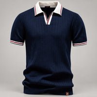 100% Cotton Ribbed Knit Polo, Open Collar – Men – Navy – front