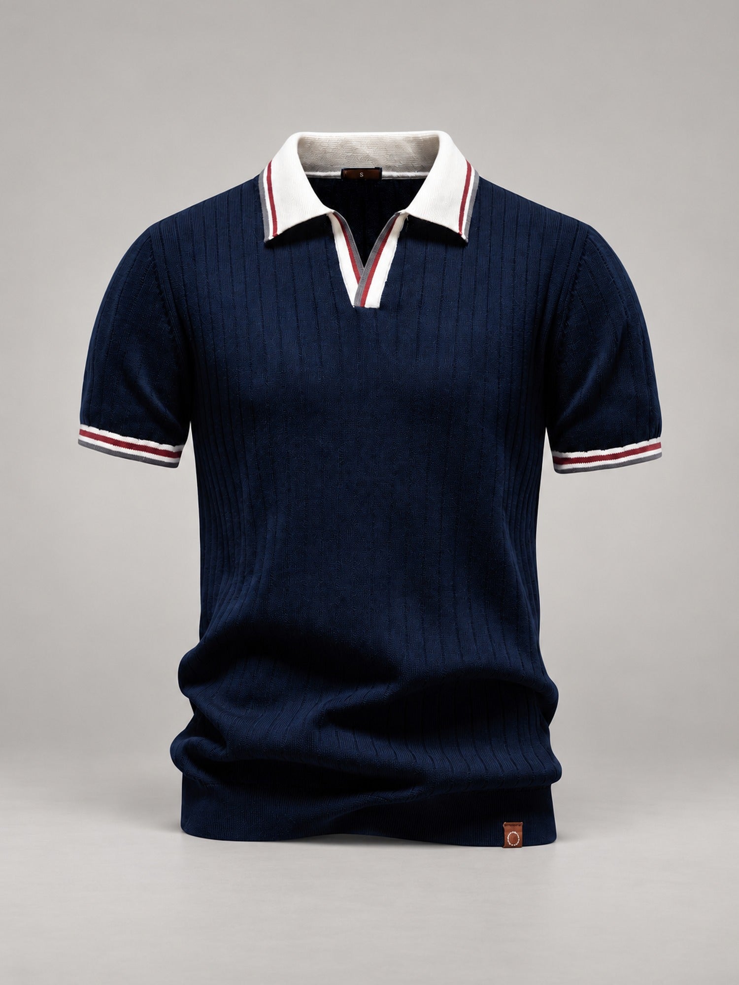 100% Cotton Ribbed Knit Polo, Open Collar – Men – Navy – front