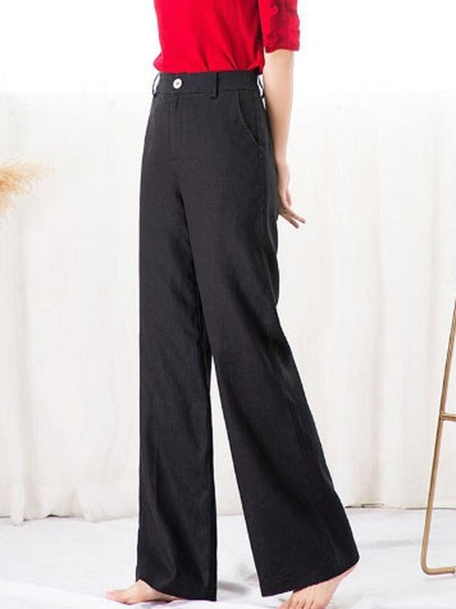 100% Cotton High-Waist Wide-Leg Trousers – Women – Black – worn