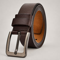 Cowhide Leather Belt, Brushed Buckle – Men – Brown · Gunmetal Frame Buckle – front