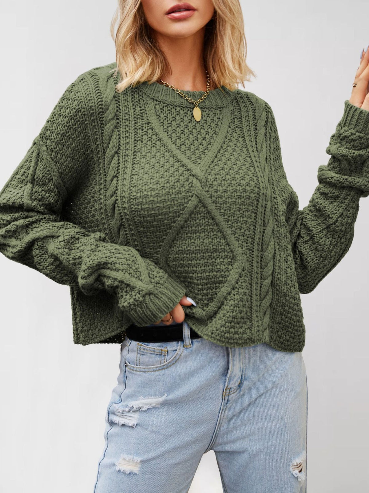 100% Acrylic Cropped Cable-Knit Sweater – Women – Olive – worn