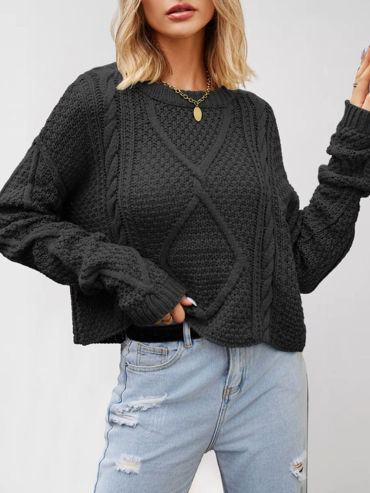 100% Acrylic Cropped Cable-Knit Sweater – Women – Black – worn