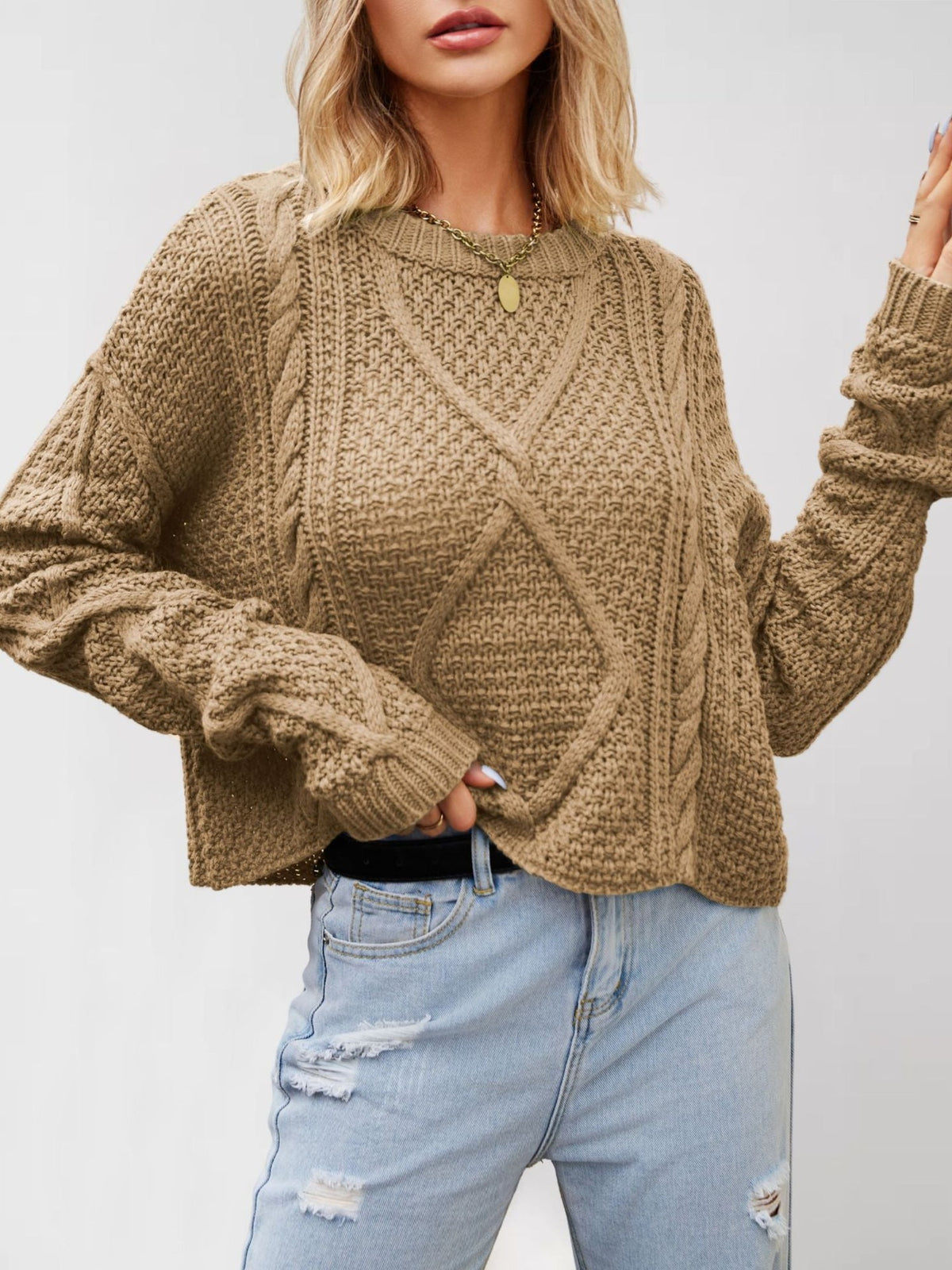 100% Acrylic Cropped Cable-Knit Sweater – Women – Camel – worn