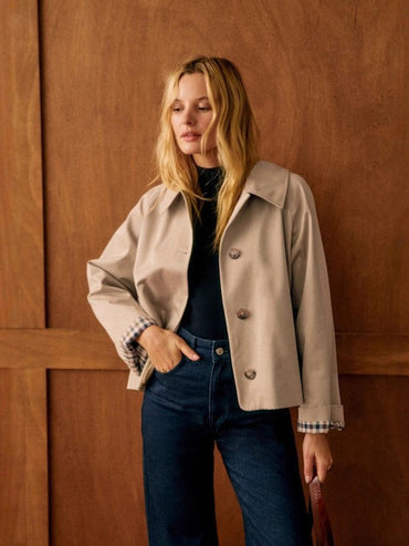 100% Polyester Cropped Swing Jacket – Women – Beige – worn